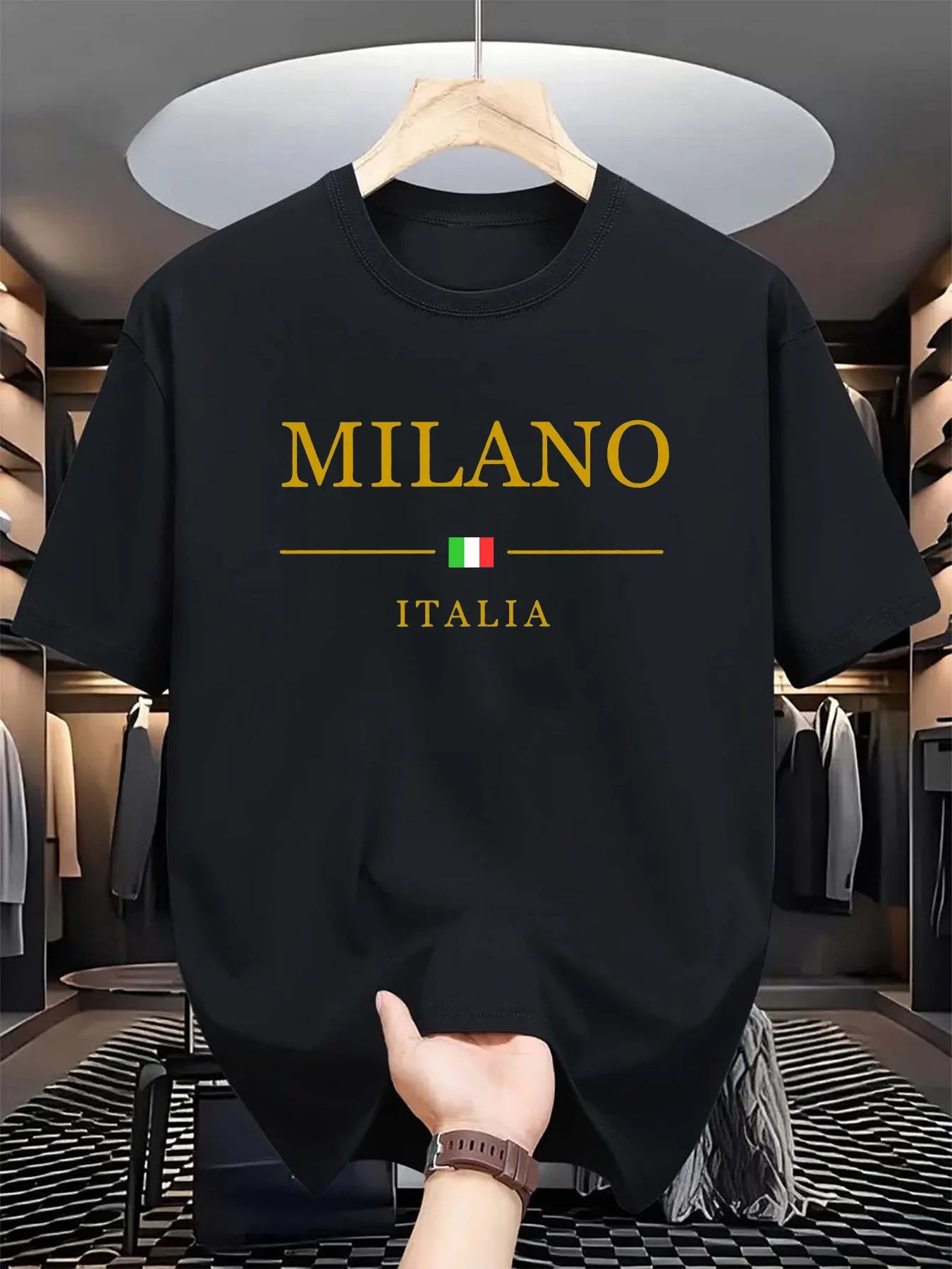 Men's summer 100 cotton fashionable casual loose plus size MILANO ITALIA pattern printed sports round neck short sleeved T-shirt